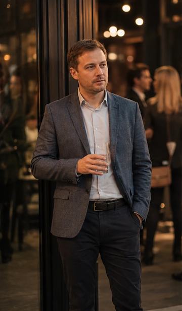A man stands alone by the entrance while a group talks nearby