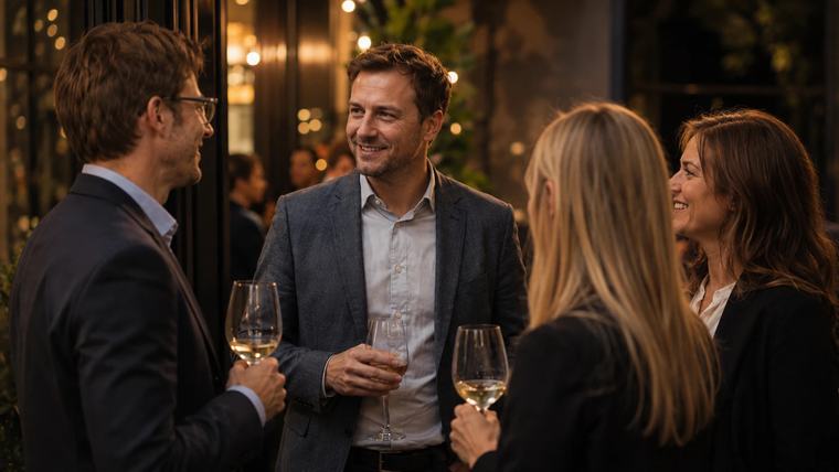 Four people standing in a group at an evening event, talking and laughing